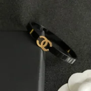 Chanel Elegant Black Leather Bracelet with Gold CC