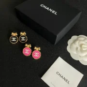 Chanel Glamorous Black & Pink Bow Stud Earrings