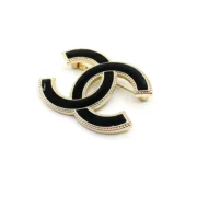 Chanel Gold Black Enamel Logo Pin Brooch