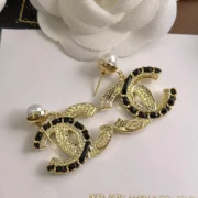 Chanel Elegant Gold Black Crystal CC Logo Earrings