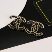 Chanel Edgy CC Logo Gold Tone Black Leather Earrings