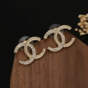 Chanel Brilliant CC Logo Gold Tone Earrings w/ Crystals