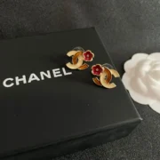 Chanel Stunning CC Logo Earrings with Red Flowers