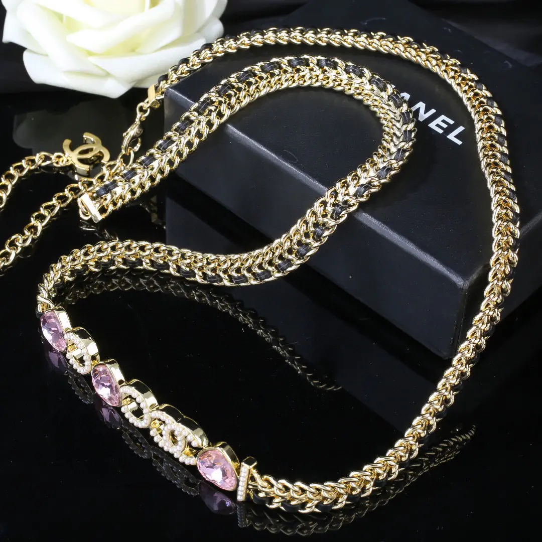 Chanel Exquisite Gold Chain Necklace with Pink Accents
