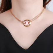 Chanel Charming Gold Chain Necklace with Pink Logo