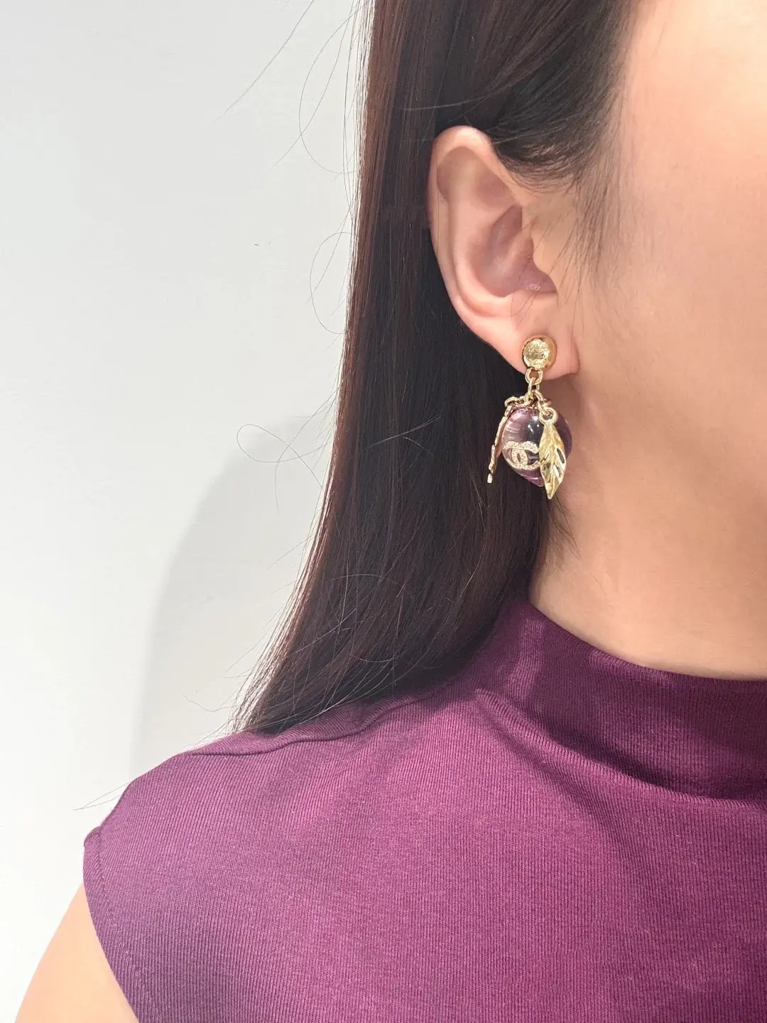 Chanel Exquisite Purple Drop Earrings Gold Leaf