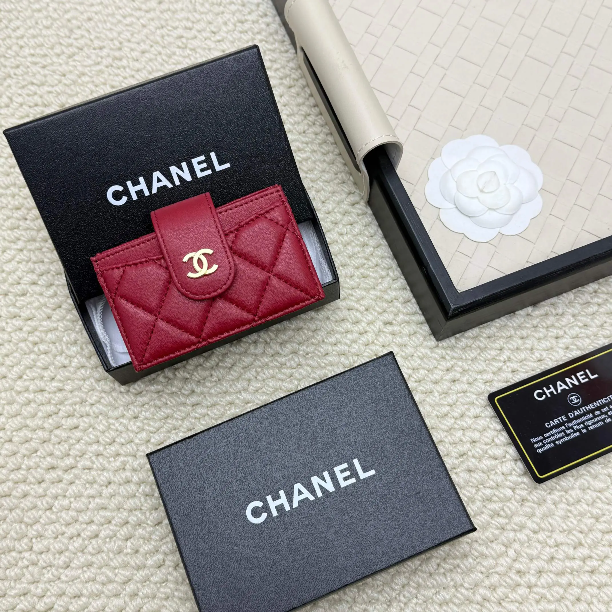 Chanel Striking Red Quilted Card Holder Gold CC